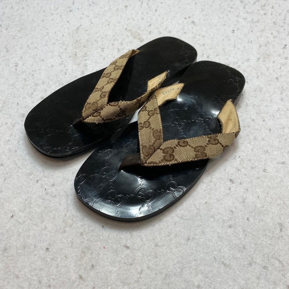 Gucci Sandals Mens 41 Black Brown Iconic GG Monogram Canvas Thong Flip Flop - Picture 3 of 11